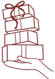 Line illustration of a hand holding a stack of gift boxes