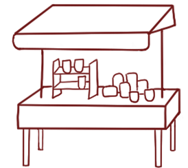 Line illustration of a market stall with crochet products