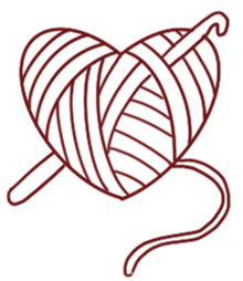 Line illustration of a yarn ball shaped like a heart with a crochet hook